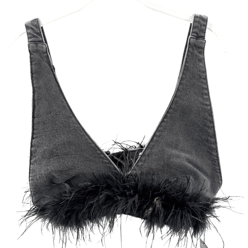 Forever 21 Feather Trim Denim Bralette Top Large L Black NWT Y2K